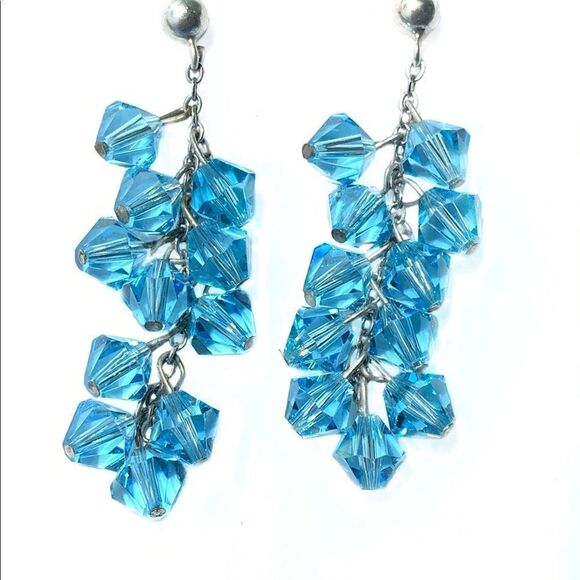 Sky blue faceted crystal sterling dangling earrings pierced - Picture 6 of 6